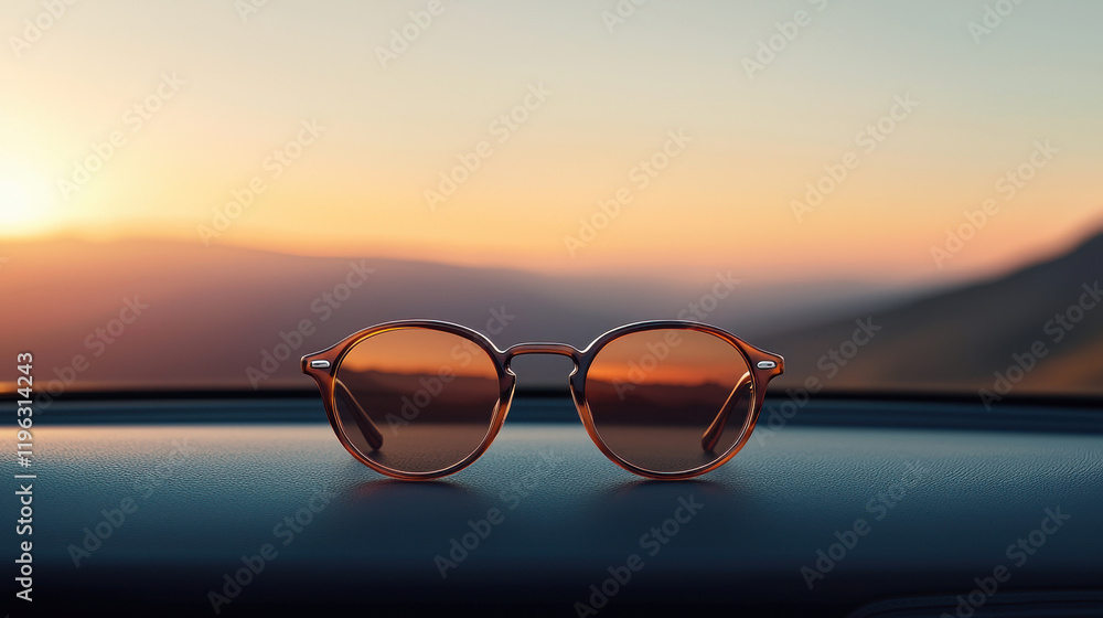 Poster cinematic rendering of polarized sunglasses on car dashboard at sunset, capturing serene moment with