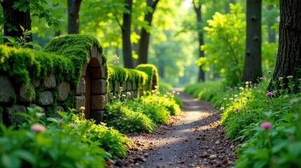 Sunlit Pathway Through a Verdant Forest, Flanked by Moss-Covered Stone Walls and Blooming Wildflowers