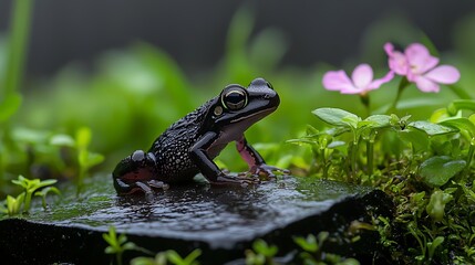 Obraz premium A close-up of a vibrant black frog perched on a wet stone amidst lush greenery and pink flowers