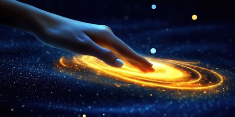 Hand touching cosmic swirl, galaxy background, digital art