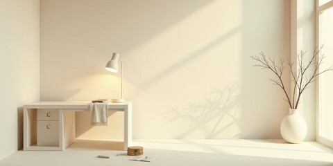 Serene Minimalist Workspace with Desk Lamp and Natural Branches in a Sunlit Room