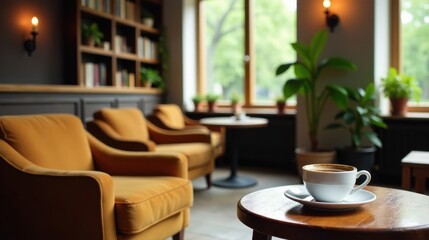 Warm Coffee in Tranquil Lounge Setting with Comfortable Armchairs and Lush Greenery