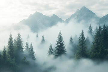 Fototapeta premium Misty Mountain Peaks Above a Foggy Evergreen Forest