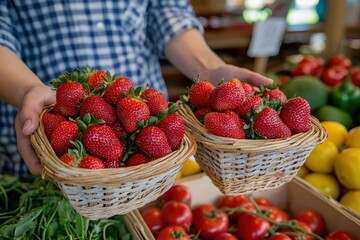 A close-up shot of the hands holding two baskets filled with strawberries