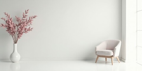 Fototapeta premium Serene Minimalist Interior Design Featuring a Pale Pink Floral Arrangement in a White Vase and a Light Beige Armchair Against a Blank White Wall
