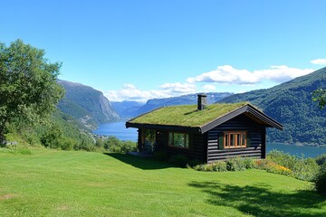 Fototapeta premium Charming Rustic Log Cabin with Verdant Grass Roof - Idyllic Nature Escape wood home cute cozy trees 