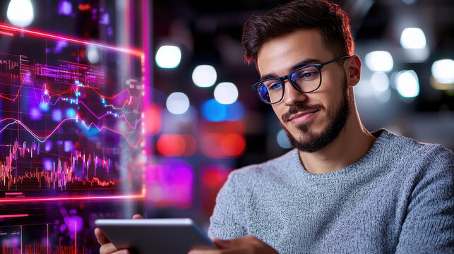 digital marketer analyzing SEO graphs on tablet, showcasing data trends and insights in modern workspace. atmosphere is vibrant and tech focused