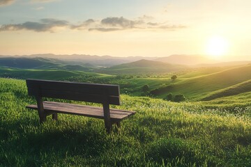 Serene Sunset: Wooden Bench overlooking idyllic green hills bathed in golden sunlight, perfect for  