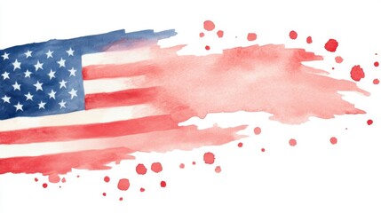 A watercolor illustration of the American flag, featuring vibrant red and blue colors with a splash effect, symbolizing patriotism and national pride.
