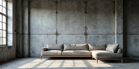 Modern Sectional Sofa in a Spacious Industrial Loft with Concrete Walls and Large Window