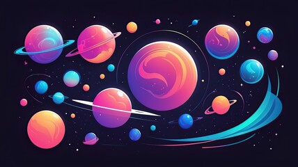 Naklejka premium Abstract space-inspired designs with glowing orbs, gradients, and cosmic elements.