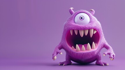 Fototapeta premium A 3D render of a fluffy, purple monster with one large eye and sharp teeth.