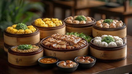 A vibrant assortment of dim sum dishes served in bamboo steamers on a wooden table in a cozy restaurant