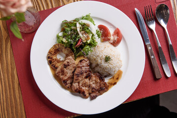 Grilled Pork Neck with Grilled Pineapple and Salad