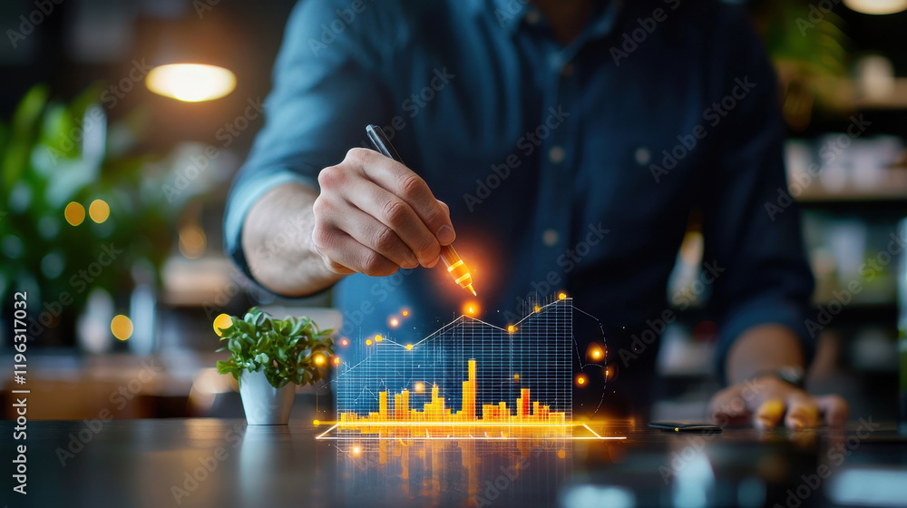 Poster person drawing glowing growth chart with pen, symbolizing progress and success in modern workspace. 