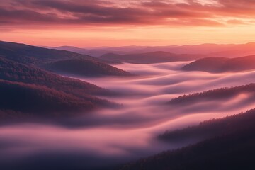 Obraz premium Misty Mountain Majesty: A Breathtaking Fog-Shrouded Valley Landscape sky dawn dusk view calm hills 