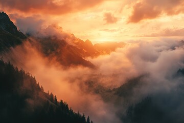 Misty Mountain Majesty: Breathtaking Foggy Valley Landscape Panorama sky view dawn calm peaks hills 