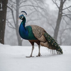 Obraz premium A peacock walking confidently on a snowy, pure white surface.