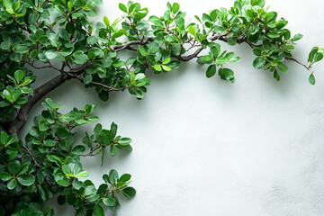 Lush green foliage branch against a white wall