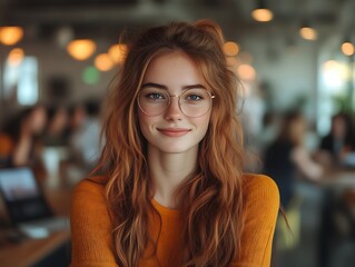 Smiling redhead woman in glasses.