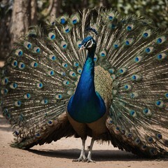 Obraz premium A peacock in mid-strut, its tail elegantly trailing behind.