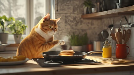 A cat cooking breakfast in a modern kitchen, flipping pancakes in a frying pan.