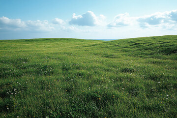 Rolling Green Field Under A Blue Sky With Clouds