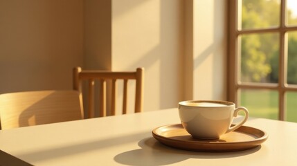 Warm Morning Light Illuminates a Single Cup of Coffee on a Wooden Tray, Resting on a Light Table with Wooden Chairs Nearby