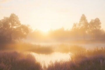 Obraz premium Misty Dutch Heather Landscape: Serenity in Purple Hues. Magical sunrise, tranquil scene, idyllic 