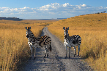 Obraz premium Two Zebras Stand on a Dirt Road in a Grassy Savanna