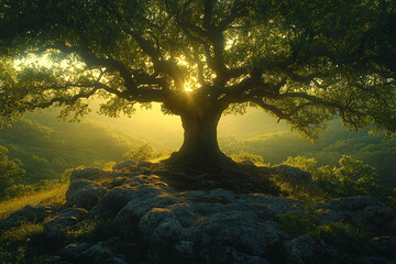 Fototapeta premium Majestic Oak Tree Sunrise Over Rolling Hills
