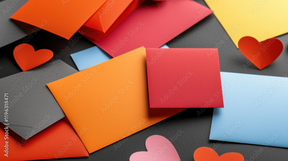 Poster colorful array of greeting cards and envelopes for valentine day, featuring various shapes and color