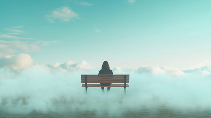 A person sitting on a bench in a park, but the bench is floating above the ground amidst clouds