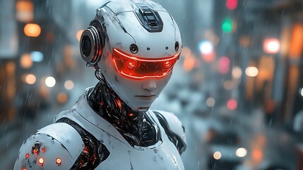 Futuristic robot in rain-soaked city.