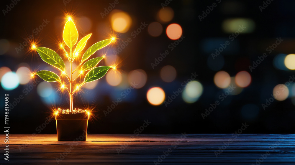 Aufkleber glowing tree with bright branches and leaves in pot, illuminated against blurred background. enchant