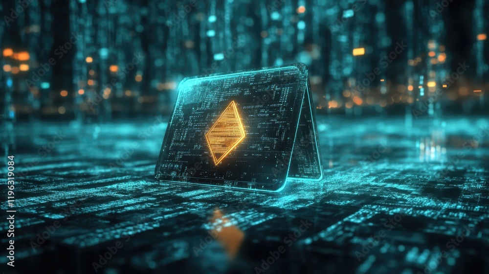 Poster a futuristic digital scene featuring a glowing yellow symbol against a backdrop of cascading green m