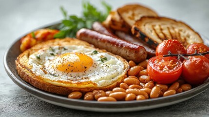 A delicious breakfast plate featuring a fried egg, sausages, baked beans, grilled tomatoes, and toast