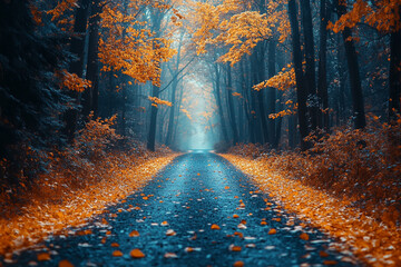 Autumn Road Through A Misty Forest Of Orange Leaves
