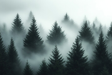 Fototapeta premium Misty Forest Conifers Enveloped In Foggy Air