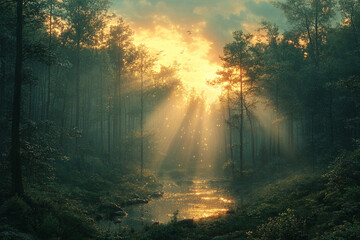 Serene Forest Stream Golden Sunset Rays