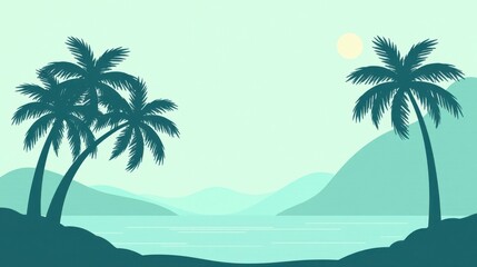 Obraz premium Serene Coastal Vista Twin Palm Trees Frame a Tranquil Ocean Scene with Gentle Rolling Hills Under a Calm Sky