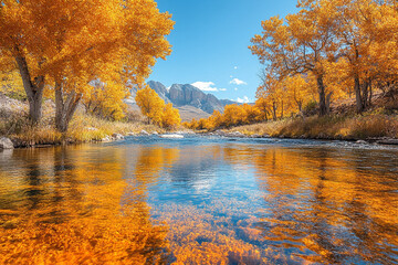Autumnal Reflections in a Mountain River Scene