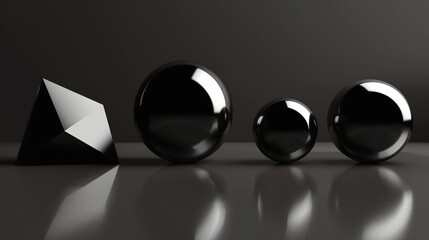 A black pyramid and three black spheres on a reflective surface.