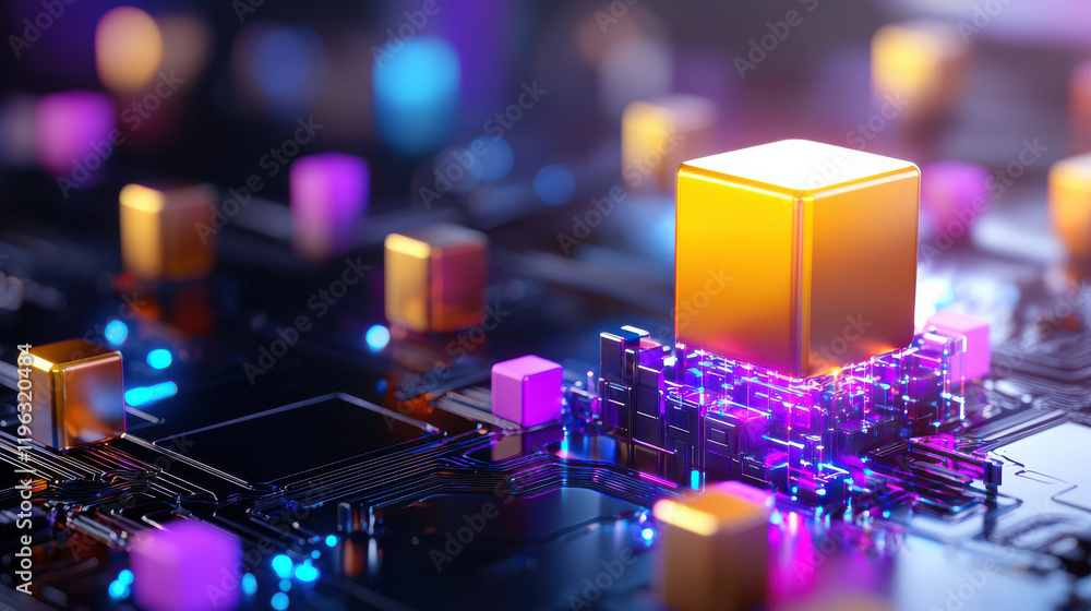 Poster conceptual illustration of solid and technological elements, featuring golden cube surrounded by colorful blocks on circuit board. vibrant colors and glowing lights create futuristic atmosphere
