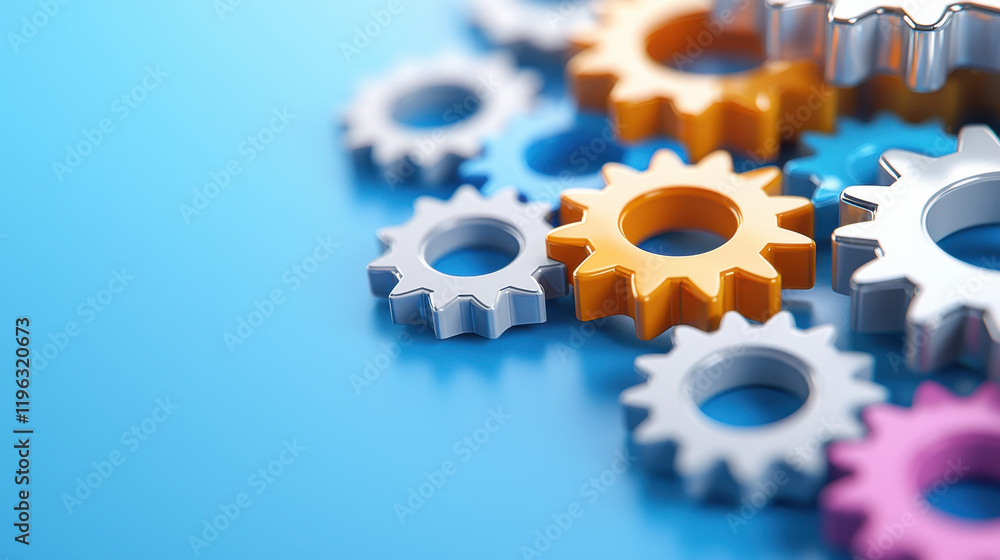 Poster colorful gears interlocking on blue background, symbolizing teamwork and collaboration in mechanics 