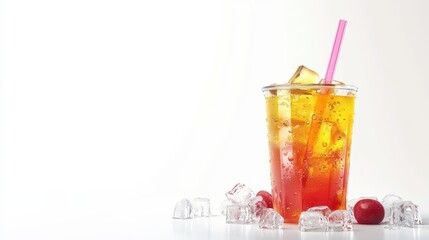 glass of ice tea, ice tea with copy space white background 