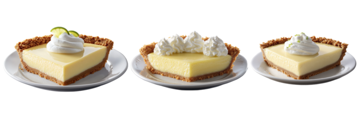 Three slices of key lime pie served on white plates, each topped with whipped cream and garnished with lime zest or slices.