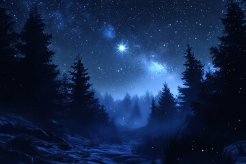 Naklejka premium Antoi's Radiant Glow: A Celestial Night Sky Panorama art dark blue stars space light black magic 