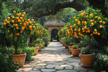 Obraz premium Orange Trees Line Garden Pathway To Archway