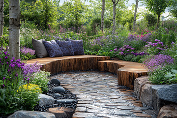 Obraz premium Serene Garden Bench with Flower Border and Stone Path